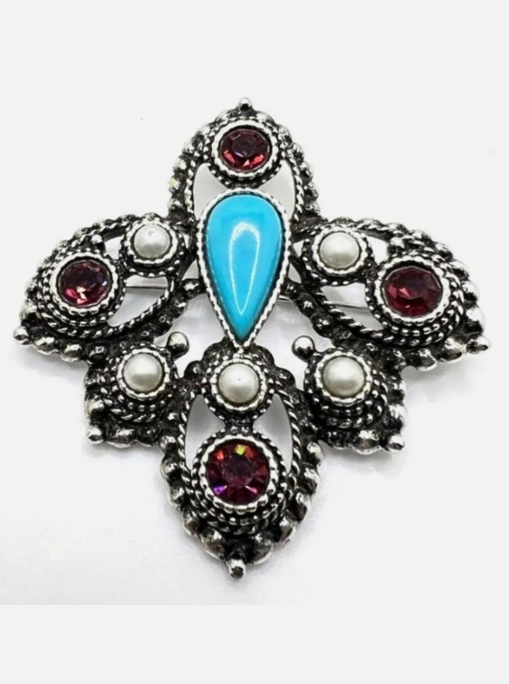 Sarah Coventry Imperial Vintage   Brooch Purple Crystal/Turquoise Silver-tone
